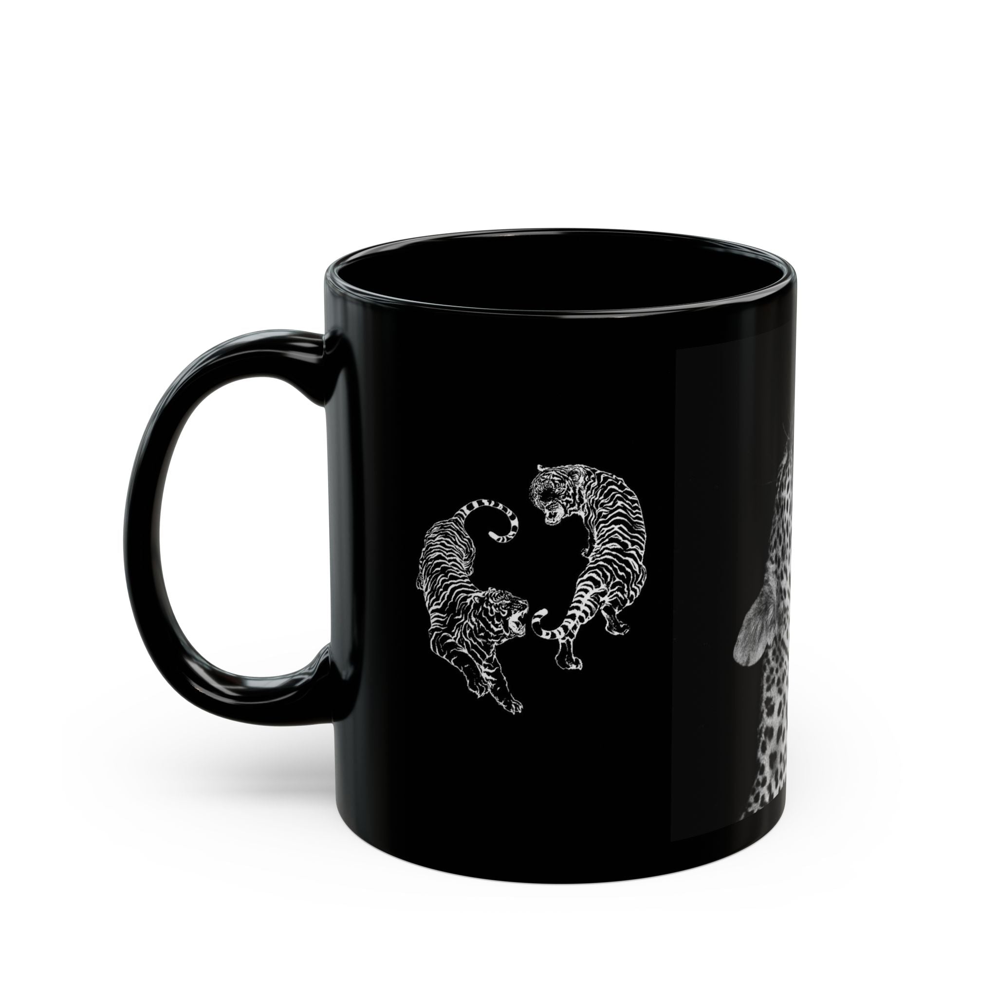 Roaring Leopard & Yin Yang Tigers Black Ceramic Mug (11oz/15oz)
