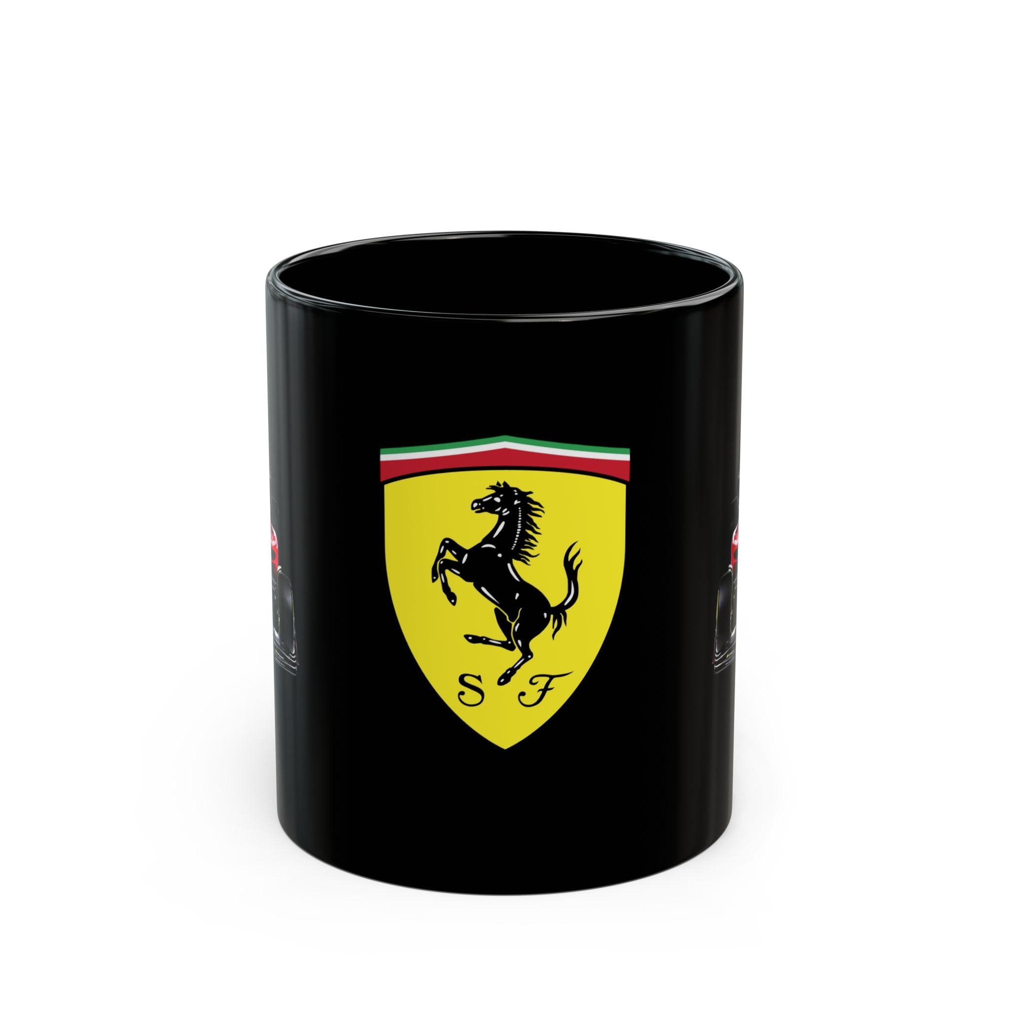 Racing Shield Black Mug — Prancing Horse Emblem Coffee Cup