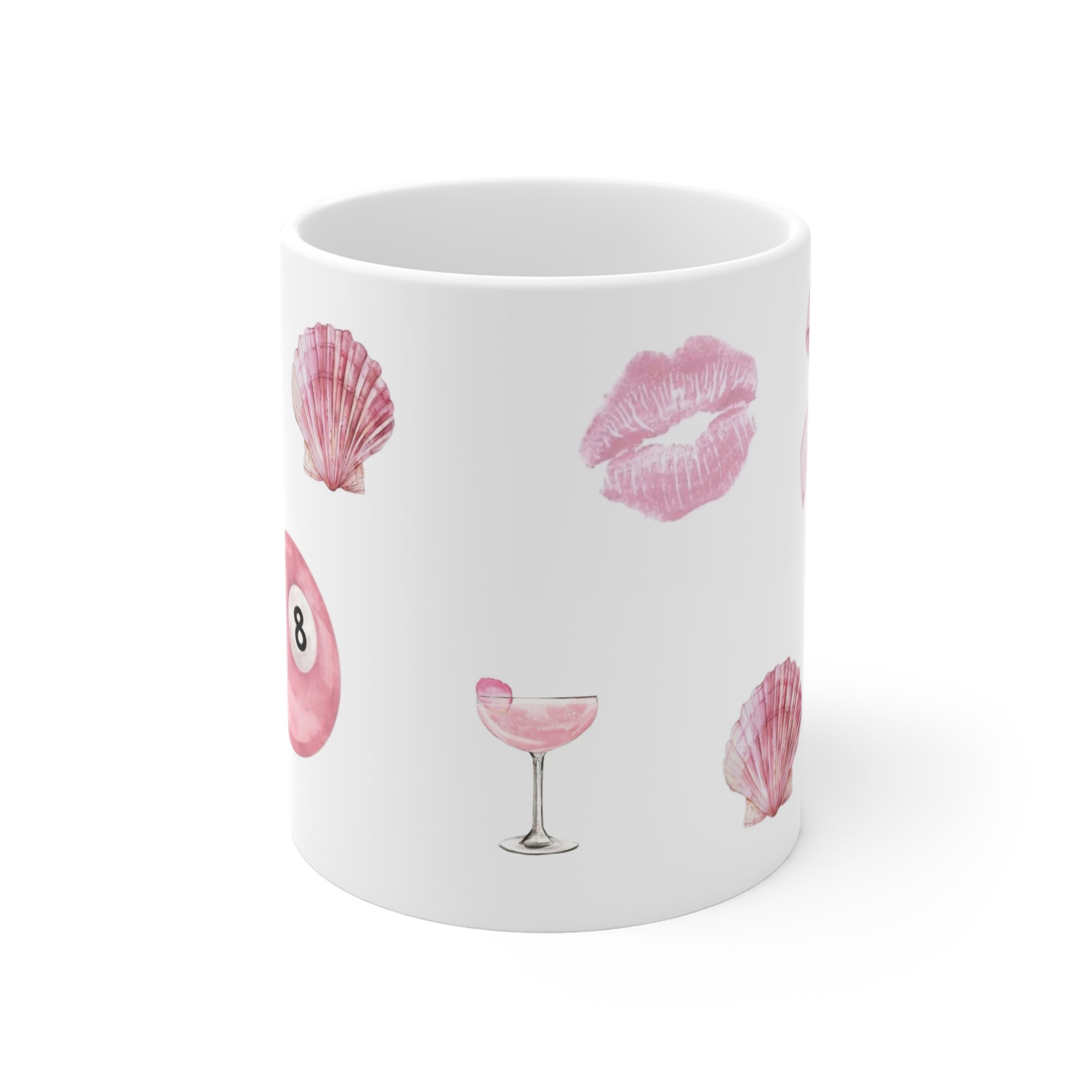 11oz Ceramic Mug — Pink Seashells, Starfish & Cocktail Illustrations