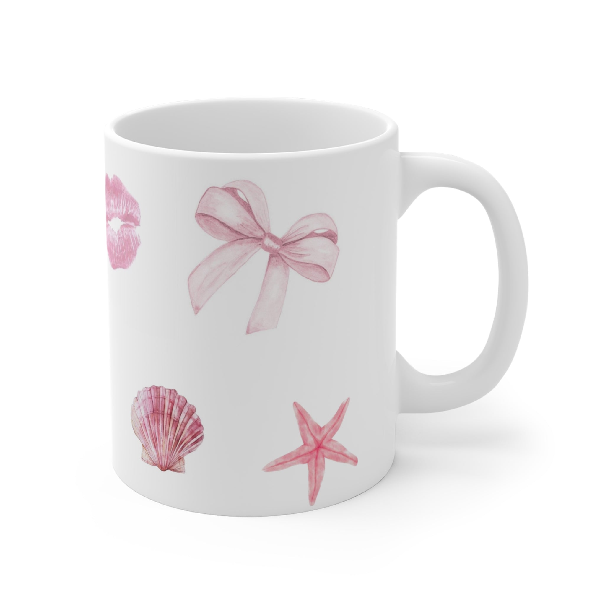 11oz Ceramic Mug — Pink Seashells, Starfish & Cocktail Illustrations