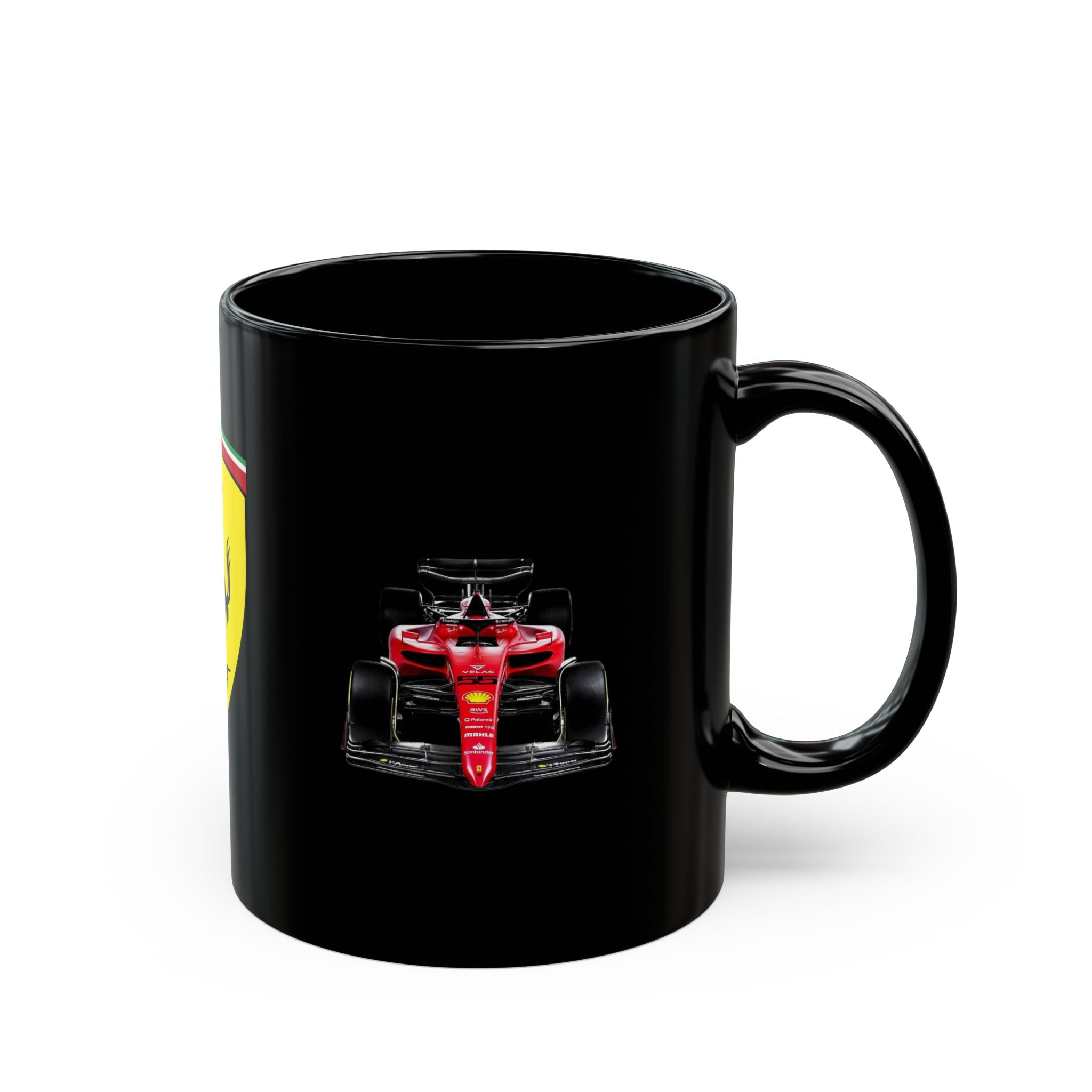 Racing Shield Black Mug — Prancing Horse Emblem Coffee Cup