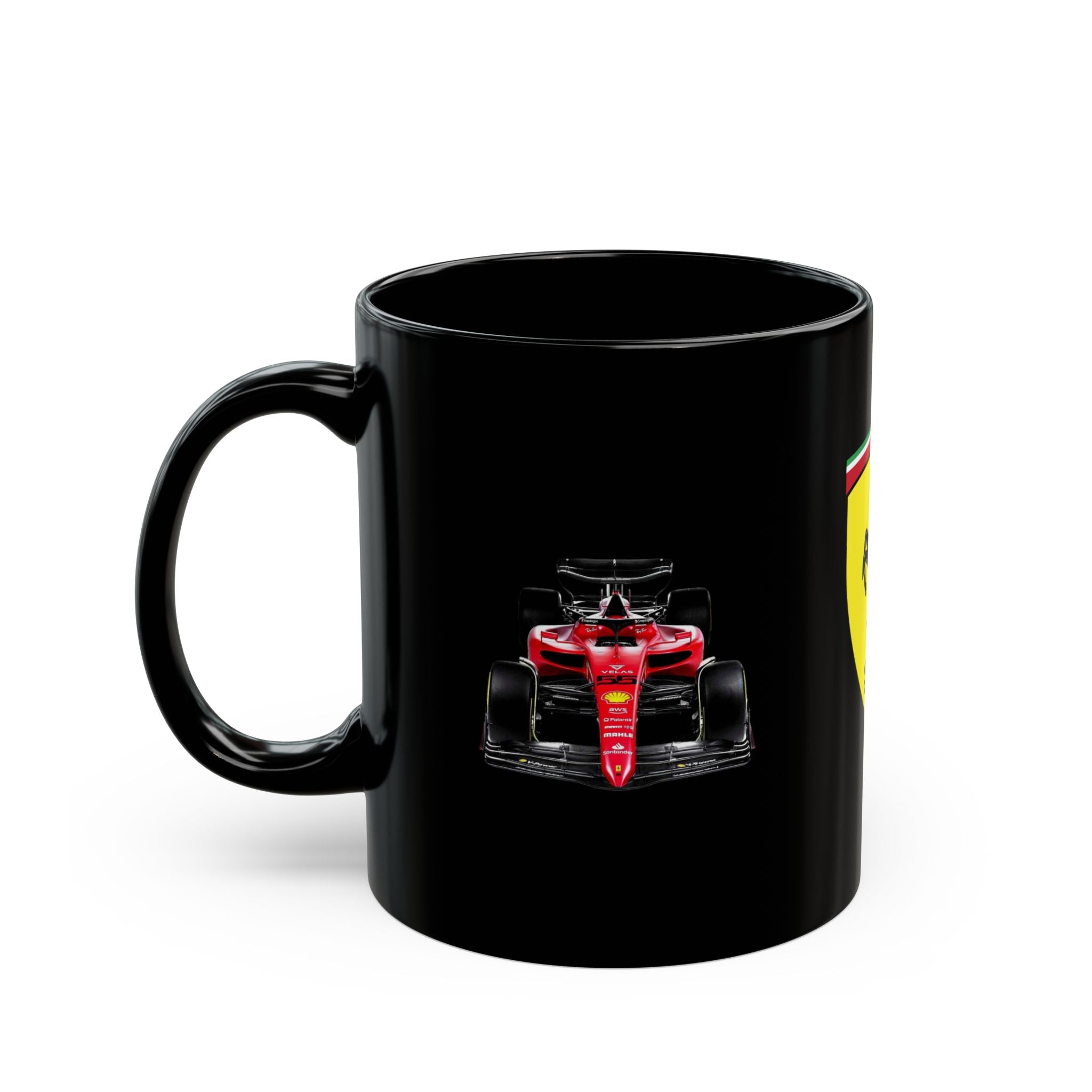 Racing Shield Black Mug — Prancing Horse Emblem Coffee Cup