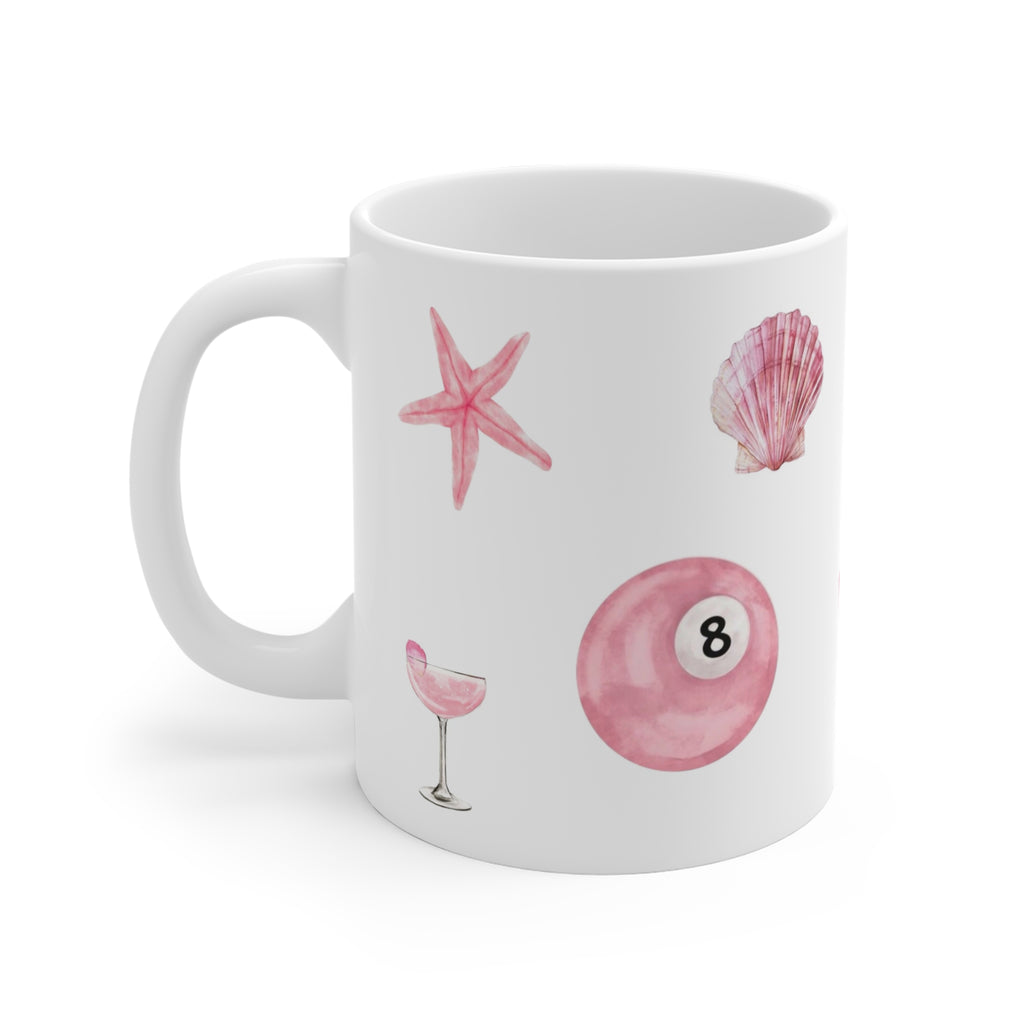 11oz Ceramic Mug — Pink Seashells, Starfish & Cocktail Illustrations
