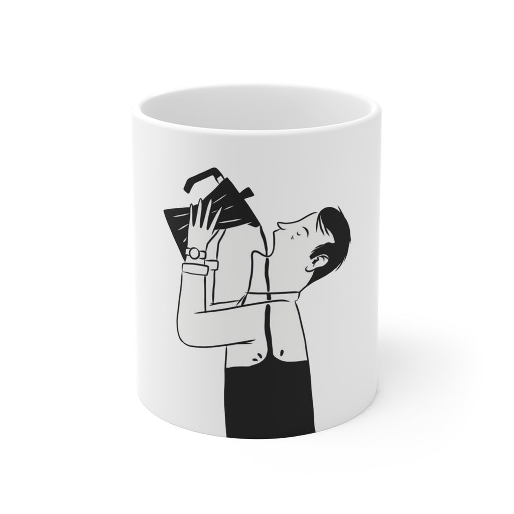 11oz Ceramic Mug — Minimalist Illustration of Person Drinking from Kettle