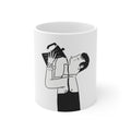 11oz Ceramic Mug — Minimalist Illustration of Person Drinking from Kettle