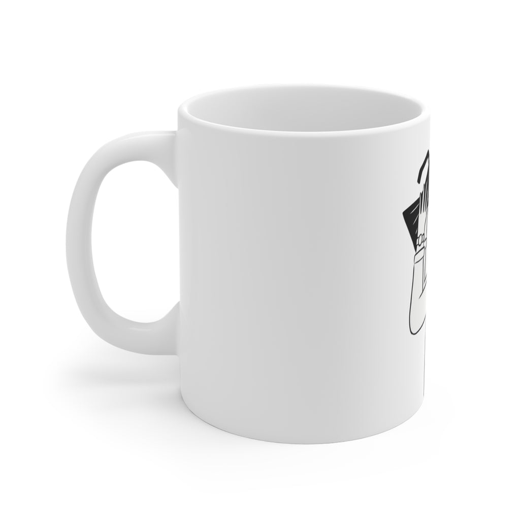 11oz Ceramic Mug — Minimalist Illustration of Person Drinking from Kettle