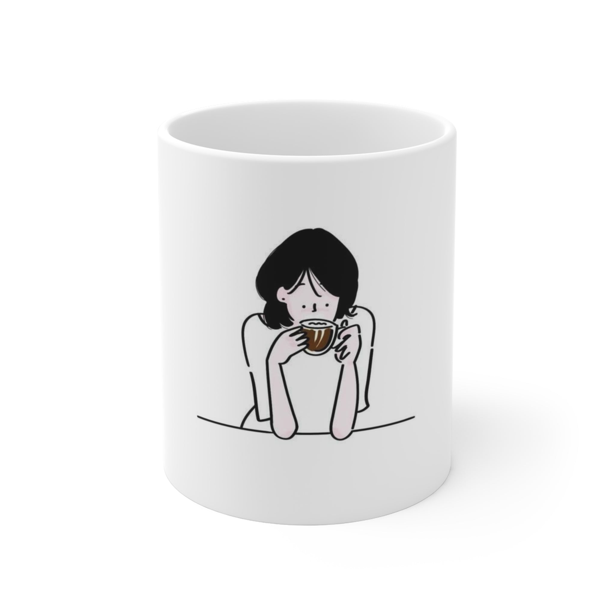 11oz Coffee Mug — Minimalist Illustration of Woman Sipping Coffee